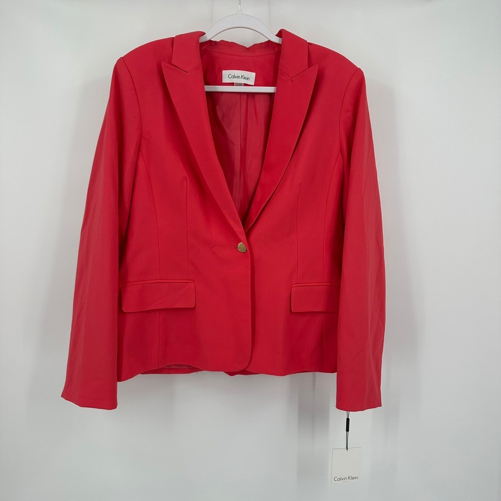 Calvin Klein Women Power Suit Blazer Size 14 Coral Red Jacket Career Vibrant